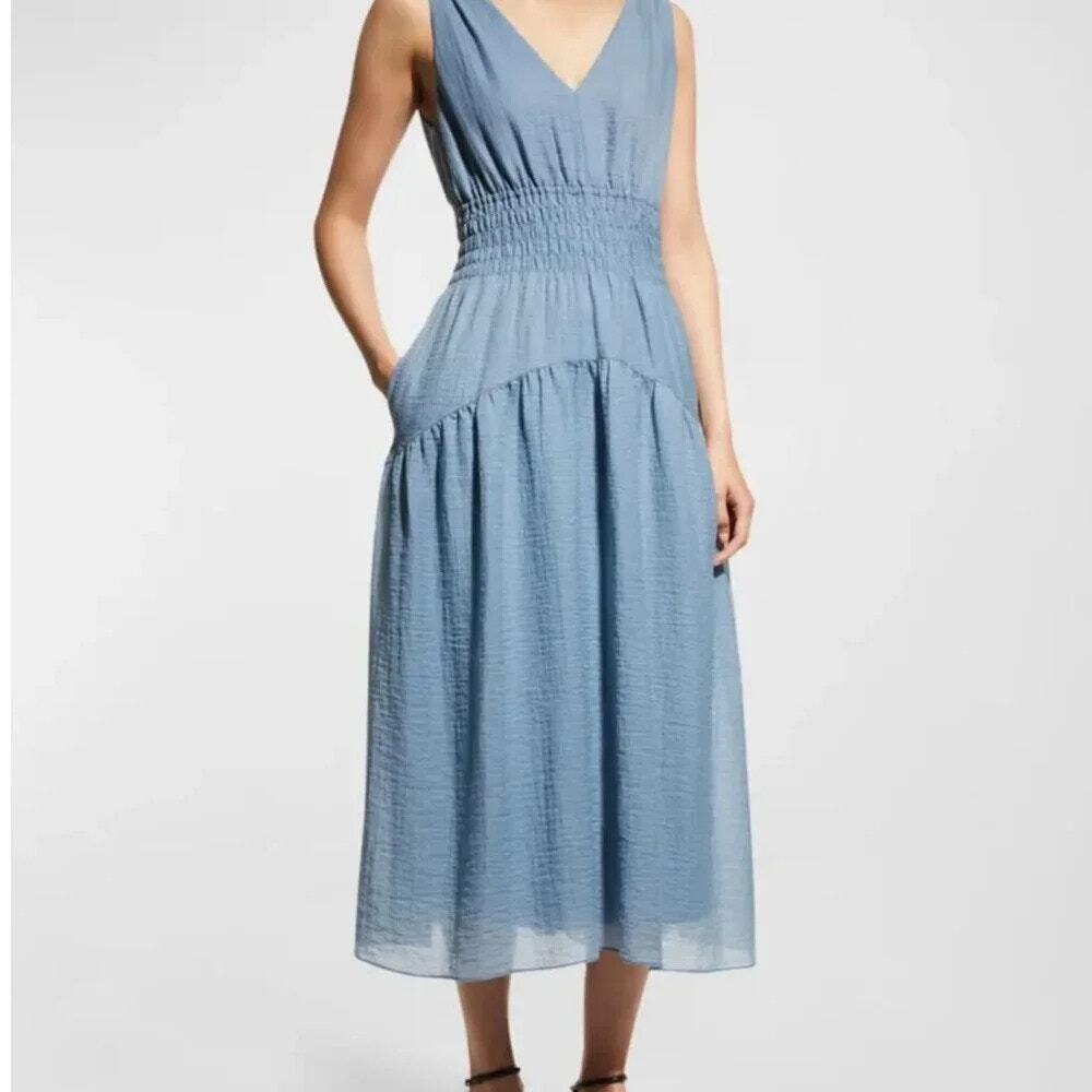 VINCE Sleeveless V-Neck Smocked Midi Dress Lake Blue Pockets Parisian Size Small